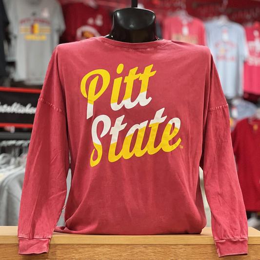 Pitt State Multicolor Script Long Sleeve Tee- Cardinal Red
