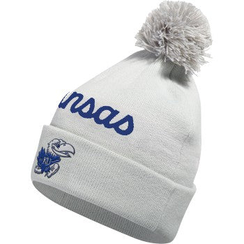 Adidas Kansas Jayhawks Script Knit Beanie w/ Pom - Light Grey