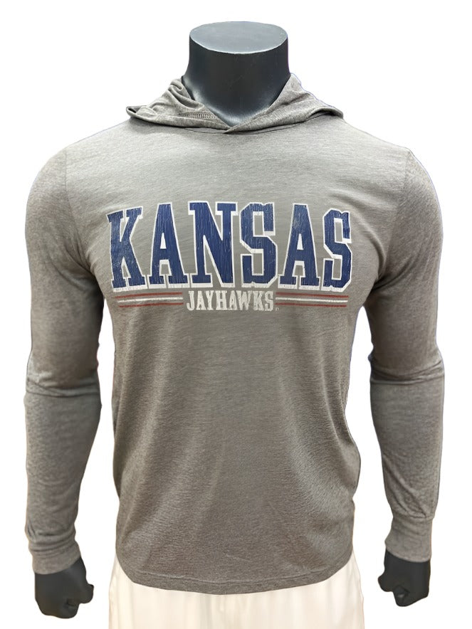 Kansas Jayhawks Gunnar Stripe Triblend Longsleeve Hoodie - Grey