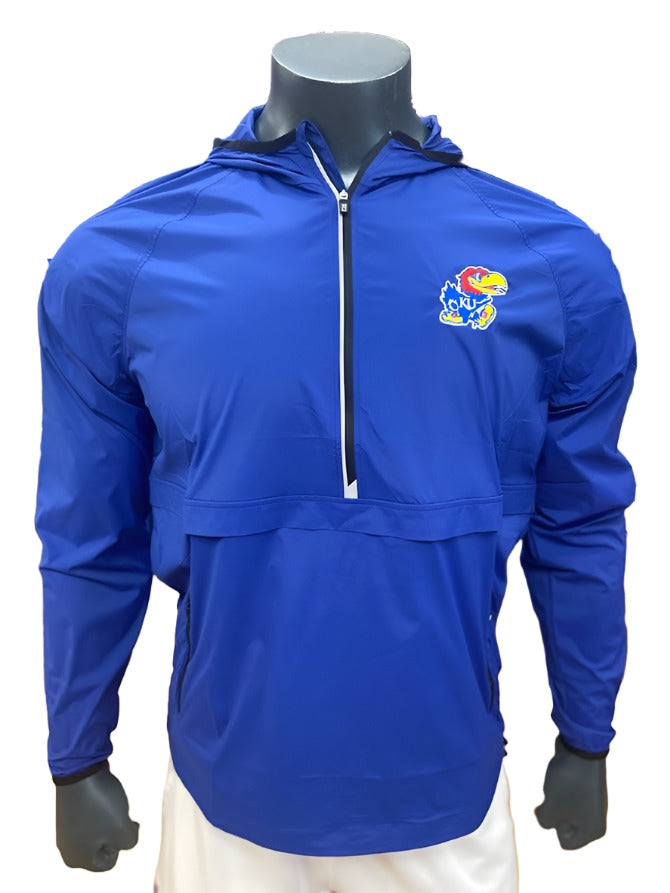 Kansas Jayhawk Wind/Water Resistant Half Zip Hooded Pullover Jacket - Blue w/ Logo