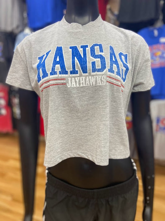 Kansas Jayhawks Gunner Stripe Women's Crop Top T-Shirt - Grey Heather