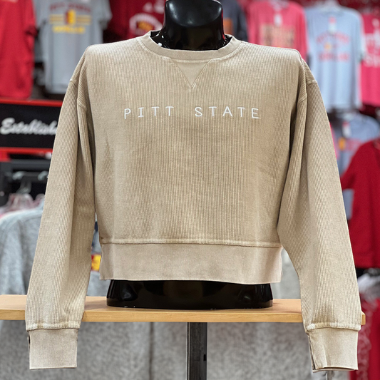 Pitt State Chica-D Corded Boxy Crew- Latte, Red