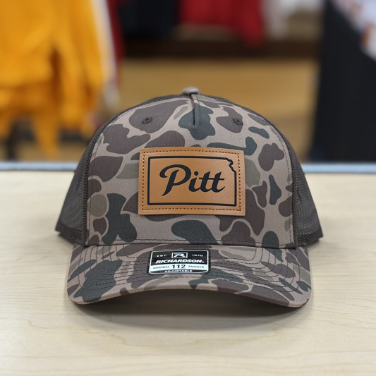 PSU Script Pitt Leather Patch Camo Hat