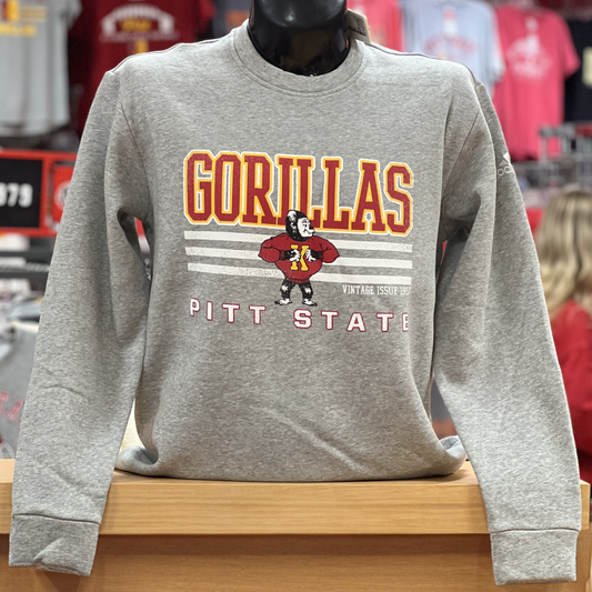 Pitt State Gorillas 3 Stripe Stack Crewneck- Grey