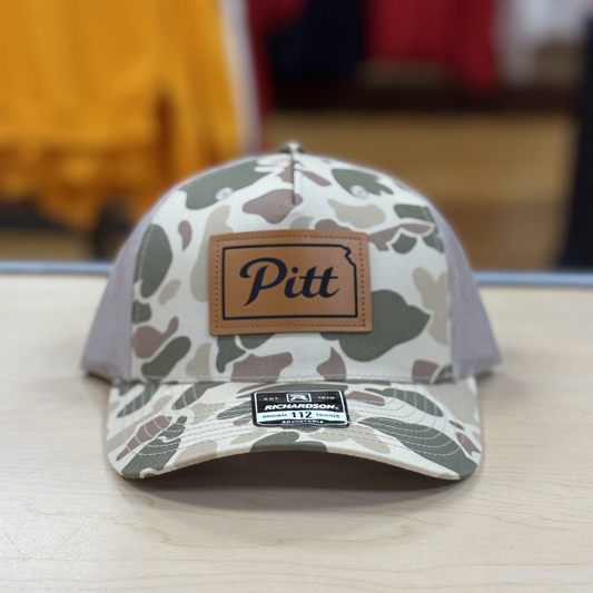 PSU Script Pitt Leather Patch Camo Hat