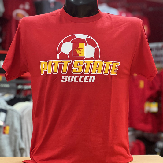 Pitt State Soccer Gildan Tee- Red/White/Gold