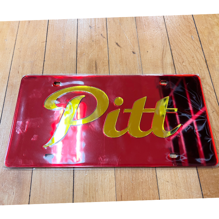 Pitt Script Reflective License Plate - Red/Gold