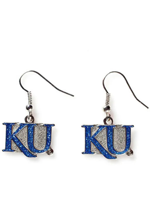 Kansas Jayhawks "KU" Silver/Blue Glitter Dangle Earrings