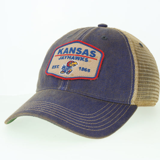 Kansas Jayhawks Bar Patch Trucker Adjustable Hat - Blue/Tan