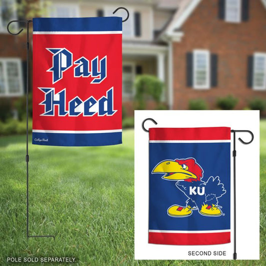 Kansas Jayhawks "Pay Heed"/Vault 1941 Logo 13" x 18" 2 Sided Garden Flag