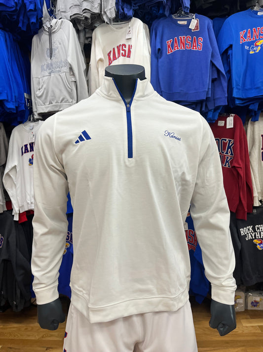 Kansas Jayhawks Quarter Zip Adidas White Royal Kansas Cursive