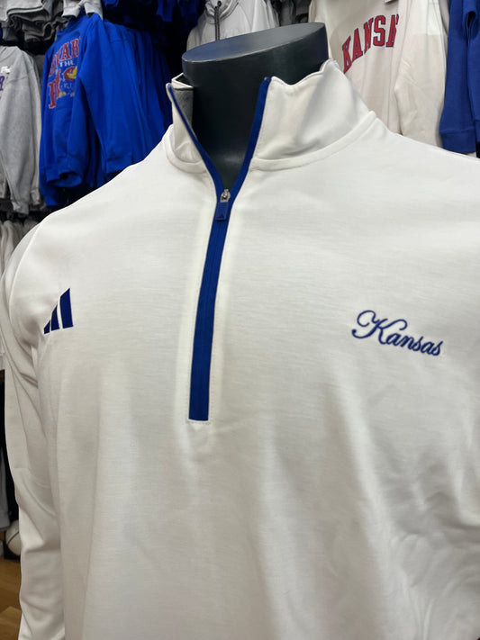 Kansas Jayhawks Quarter Zip Adidas White Royal Kansas Cursive