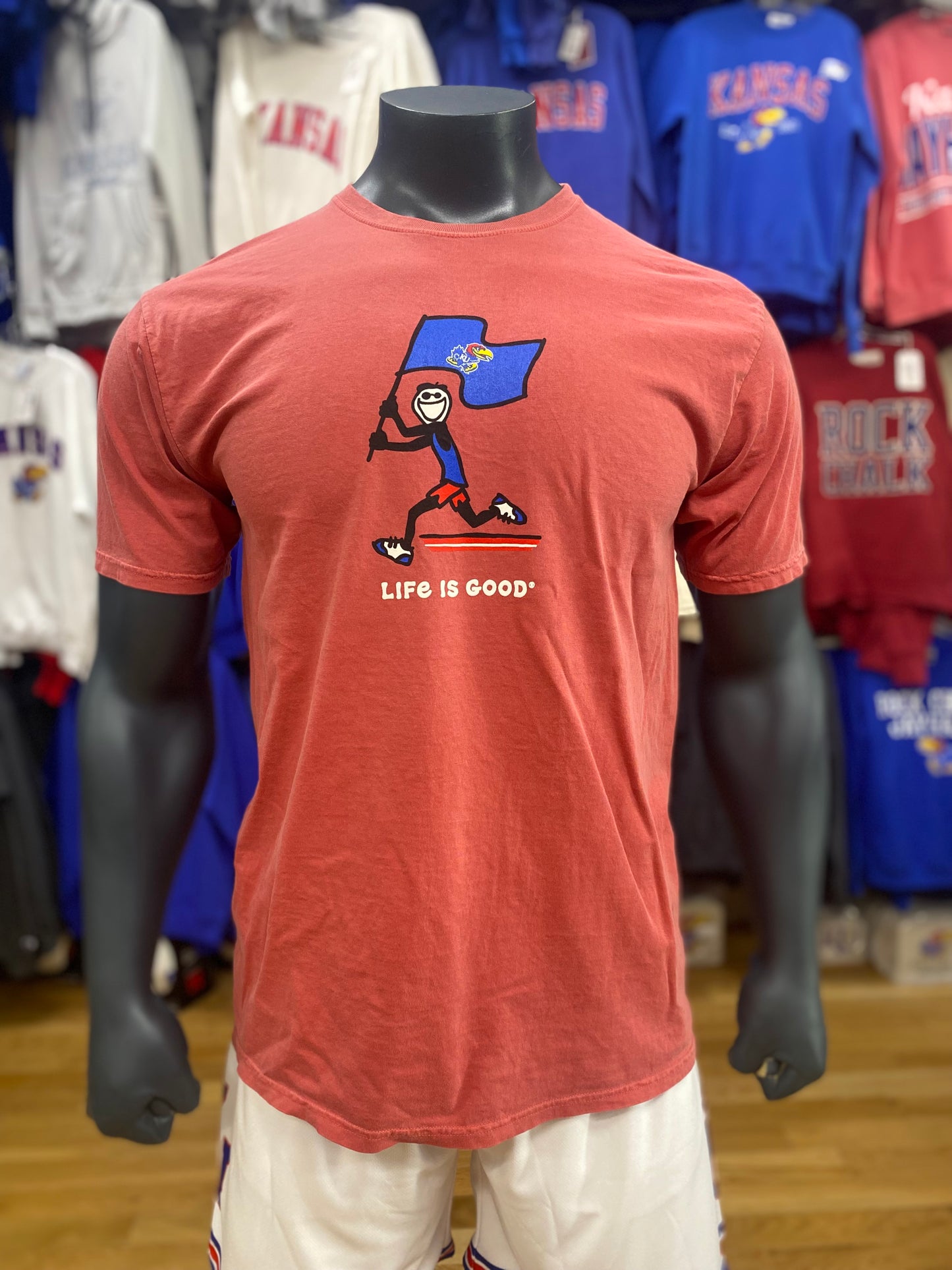 Kansas Jayhawks Life Is Good Flag T-Shirt- Nantucket Red
