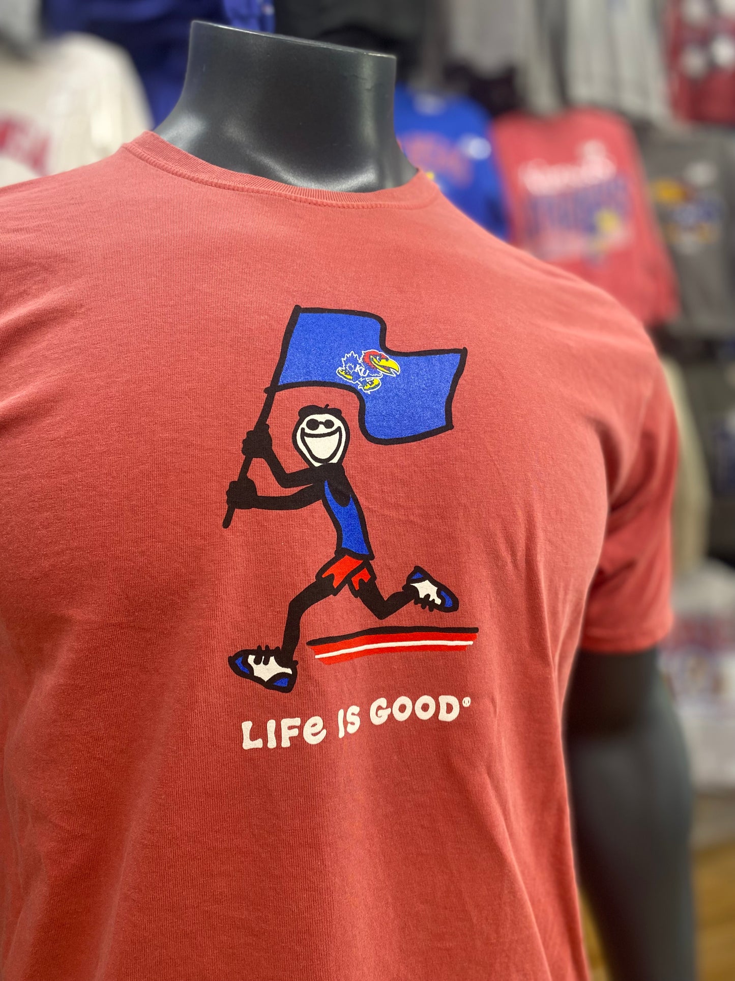 Kansas Jayhawks Life Is Good Flag T-Shirt- Nantucket Red