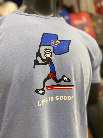 Kansas Jayhawks Life Is Good Flag T-Shirt- Cornflower