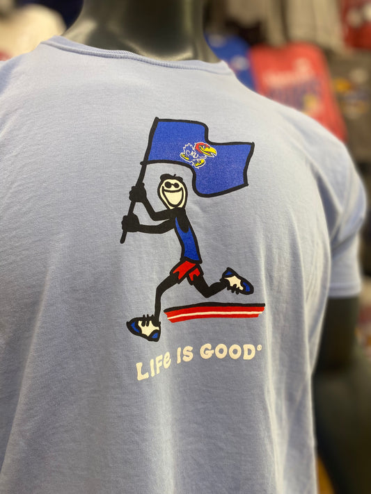 Kansas Jayhawks Life Is Good Flag T-Shirt- Cornflower