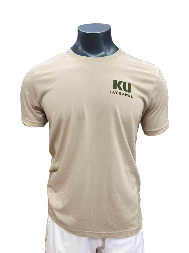 Kansas Jayhawks Military Flag Triblend T-Shirt - Heather Tan/Olive Green