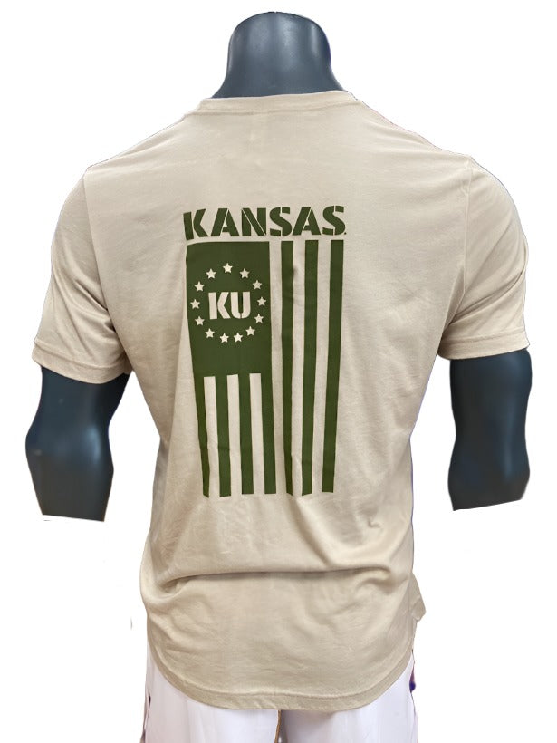 Kansas Jayhawks Military Flag Triblend T-Shirt - Heather Tan/Olive Green