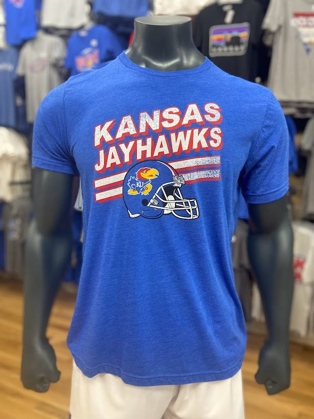 Kansas Jayhawks Football Slant Helmet Triblend T-Shirt - Blue