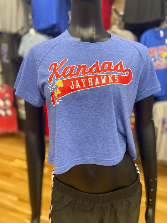 Kansas Jayhawks Vault 1912 Crackle Women's Crop Top T-Shirt - Royal Blue Heather