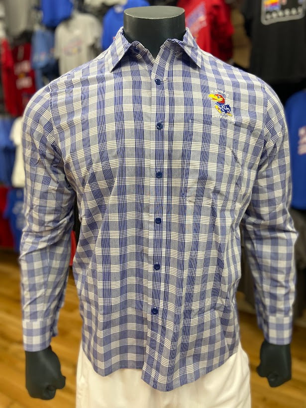 Kansas Jayhawks Antigua Evolution Button Up Dress Shirt - Blue/White