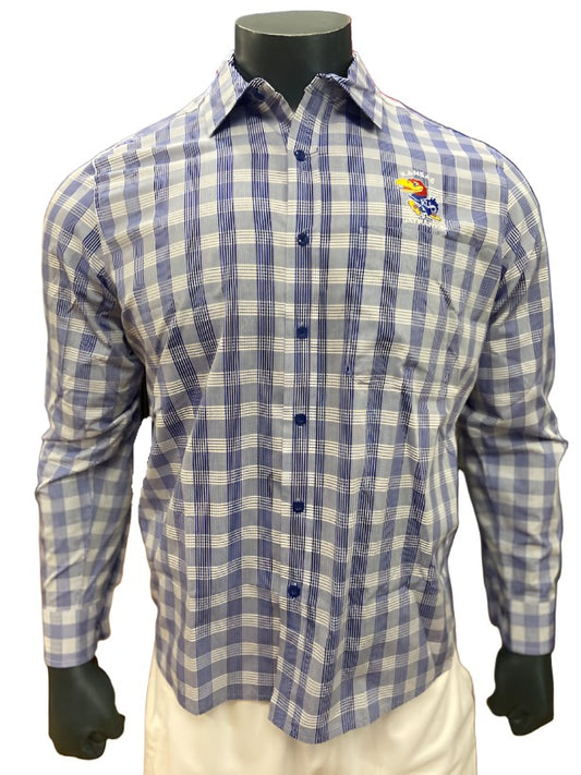 Kansas Jayhawks Antigua Evolution Button Up Dress Shirt - Blue/White