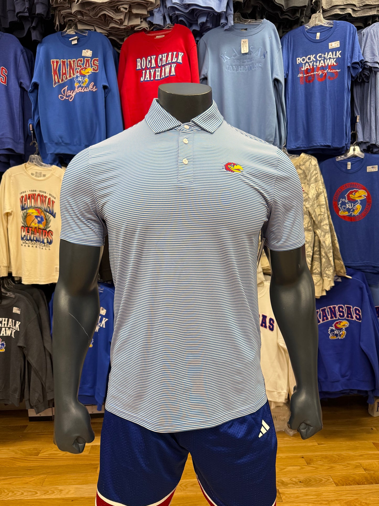 Kansas Jayhawks Flag and Anthem Striped Polo - Blue/White