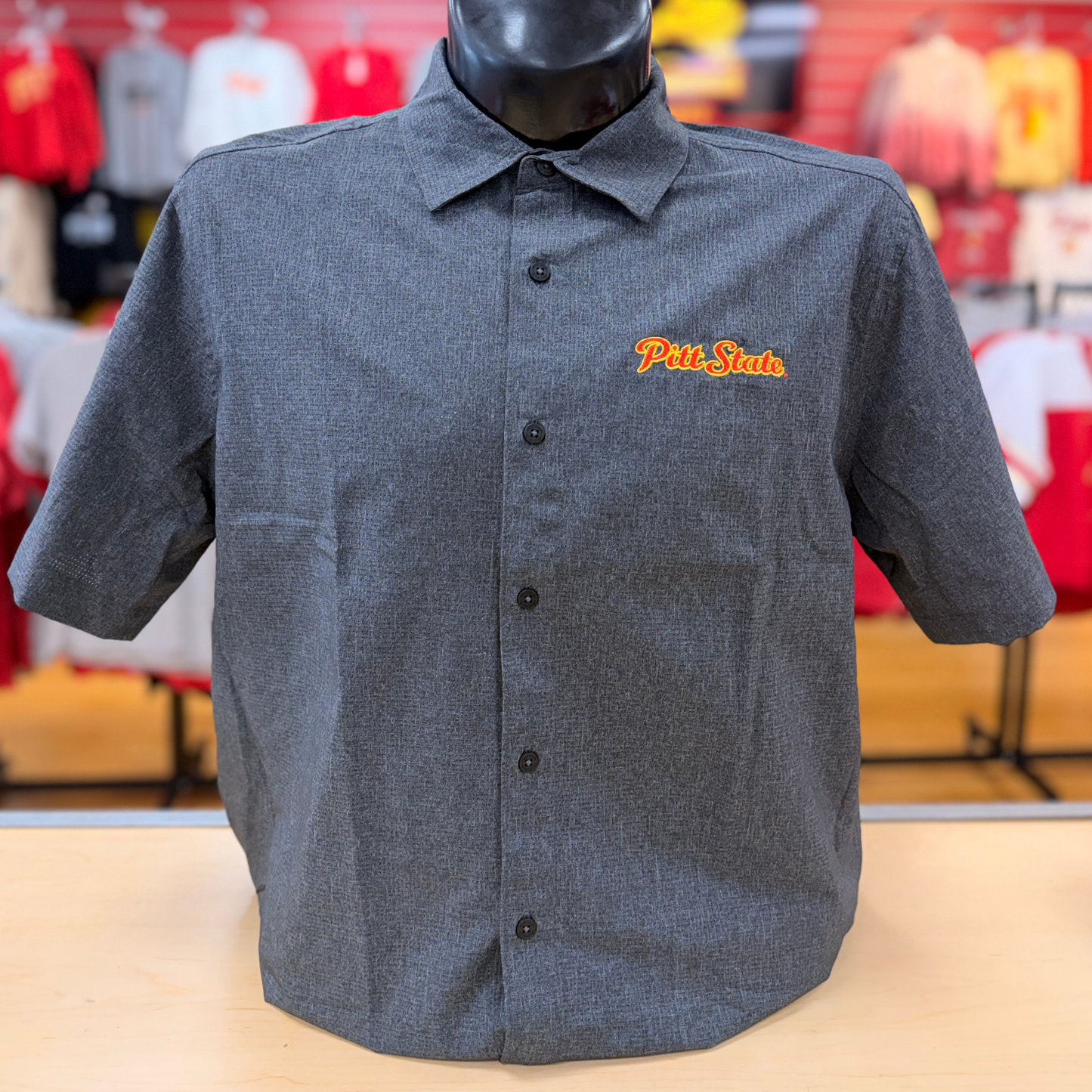 Pitt State Woven Button Up Polo - Dark Grey