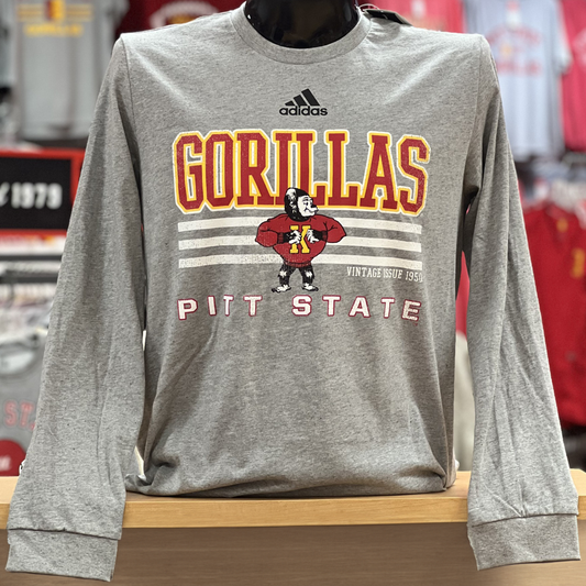 Pitt State Gorillas 3 Stripe Stack Long Sleeve Tee- Grey