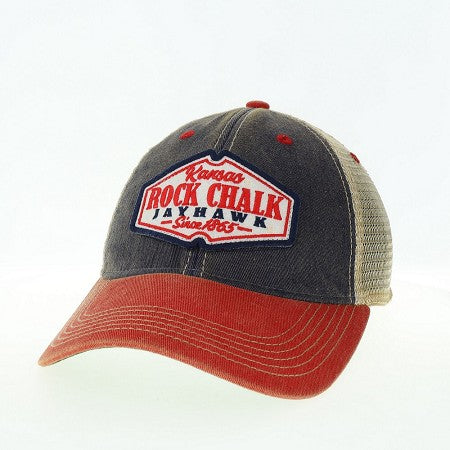 Kansas Jayhawks Rock Chalk Jayhawk Twill Adjustable Trucker Hat - Red/Grey Distressed