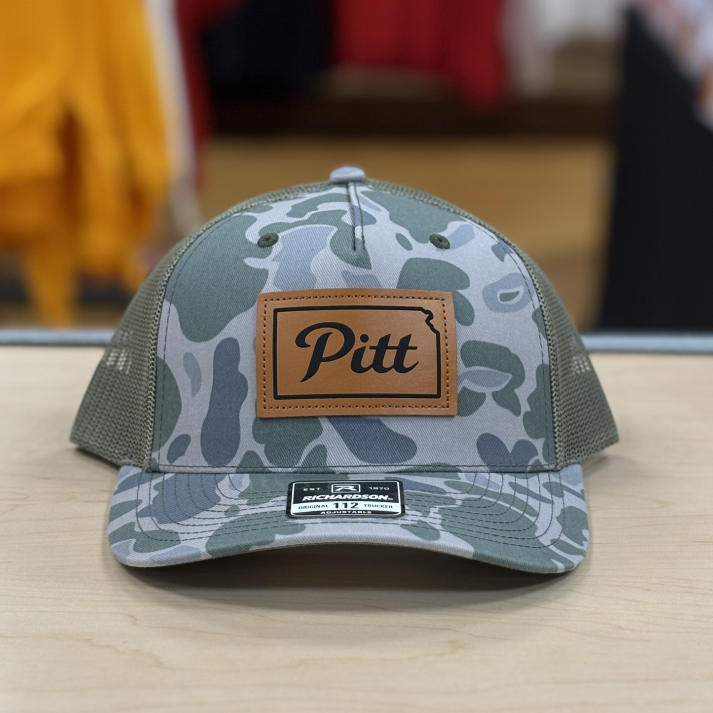 PSU Script Pitt Leather Patch Camo Hat