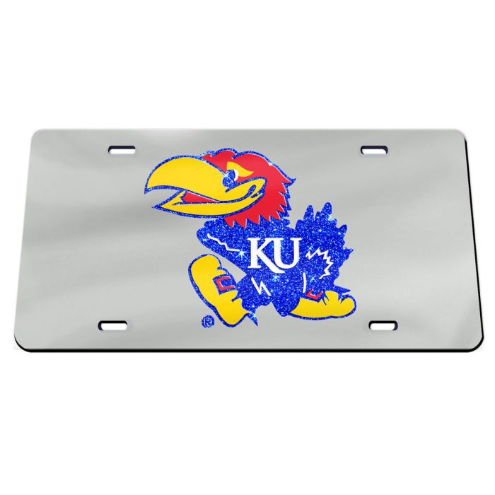 Kansas Jayhawk Glitter Logo License Plate - Silver/Color