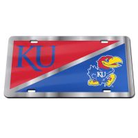 Kansas Jayhawks Trajan KU/Logo Diagonal License Plate - Red/Blue/Silver