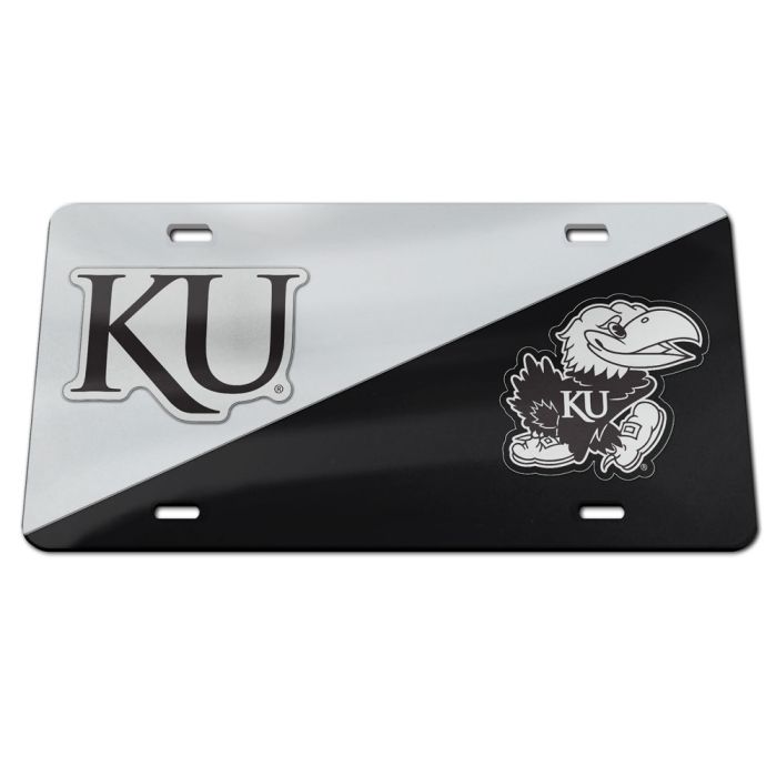 Kansas Jayhawks KU/Jayhawk Logo Diagonal License Plate - Silver/Black
