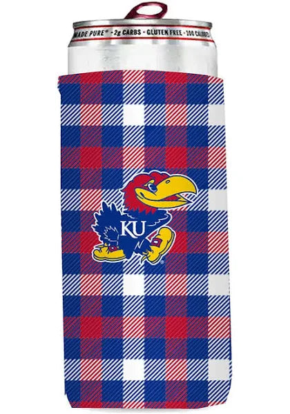 Kansas Jayhawks Plaid Skinny Can Koozie - Blue/Red/White w/ KU Logo