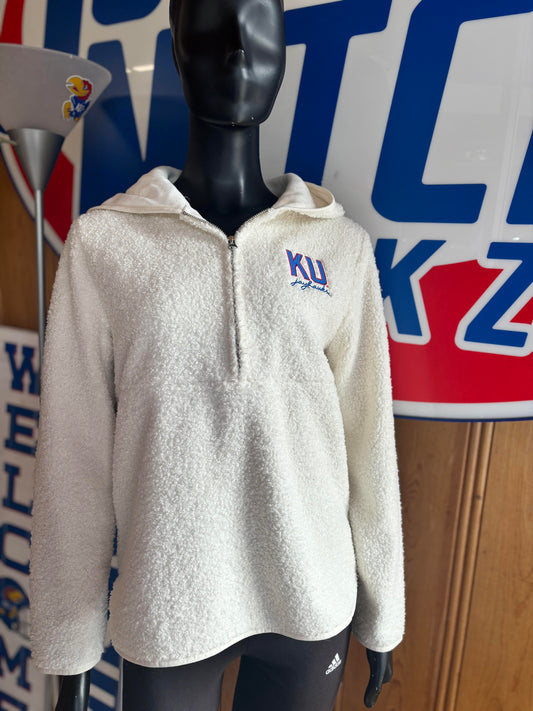 Kansas Jayhawks Women's Fleece Quarter Zip Hood- Cream