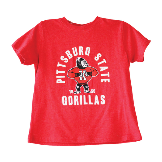 TODDLER - VINTAGE ARCHED PITTSBURG STATE GORILLAS 1950 GORILLA TEE - RED