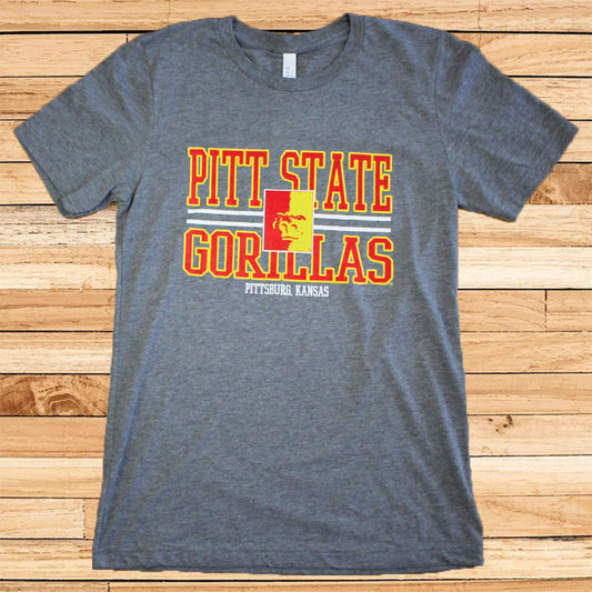 STACKED PITT STATE GORILLAS WITH SPLIT FACE - TEE - GREY